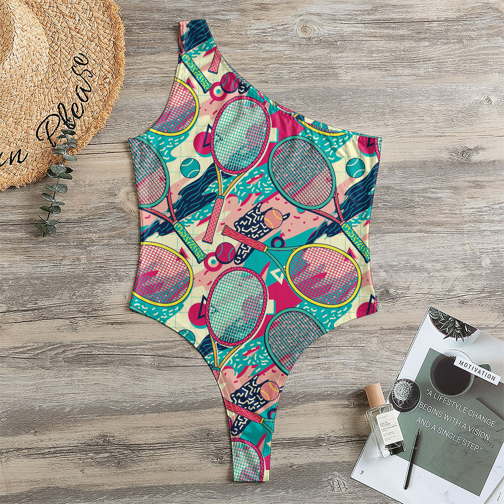 Retro Tennis Pattern Print One Shoulder Bodysuit