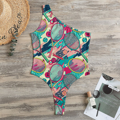 Retro Tennis Pattern Print One Shoulder Bodysuit