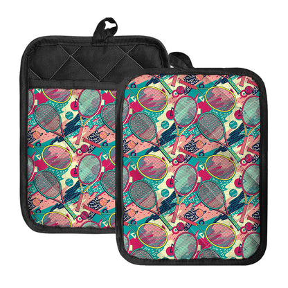 Retro Tennis Pattern Print Pot Holders With Pocket
