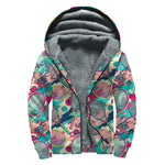 Retro Tennis Pattern Print Sherpa Lined Zip Up Hoodie