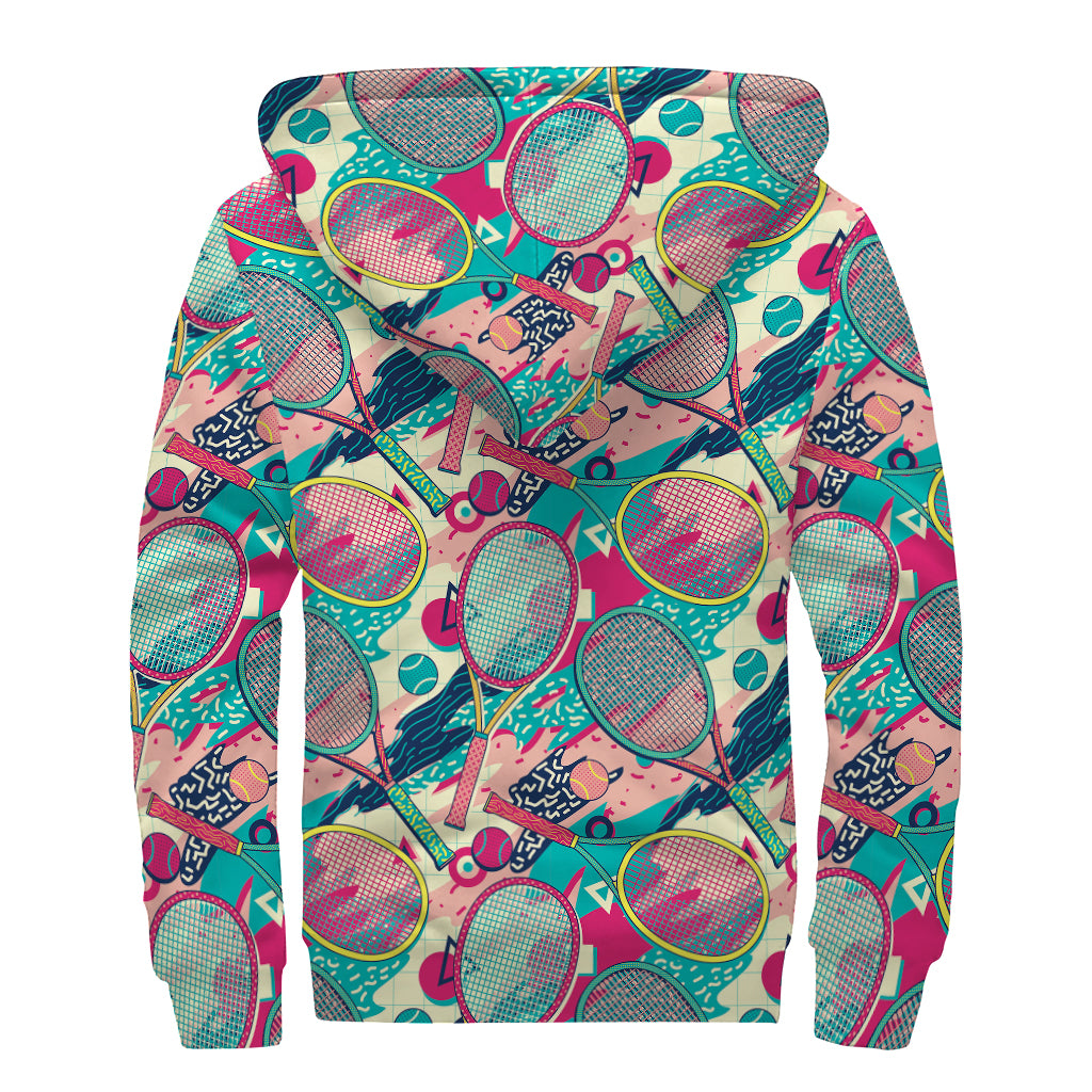 Retro Tennis Pattern Print Sherpa Lined Zip Up Hoodie