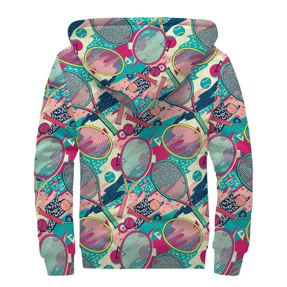 Retro Tennis Pattern Print Sherpa Lined Zip Up Hoodie