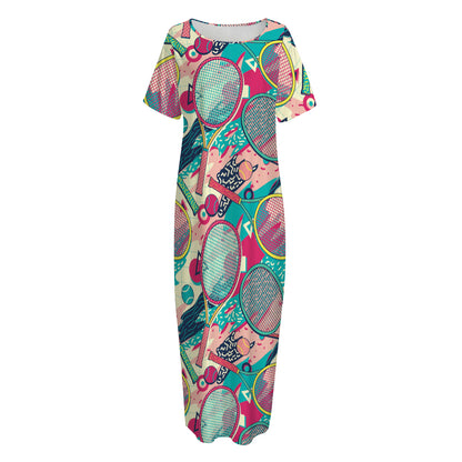Retro Tennis Pattern Print Short Sleeve Long Nightdress