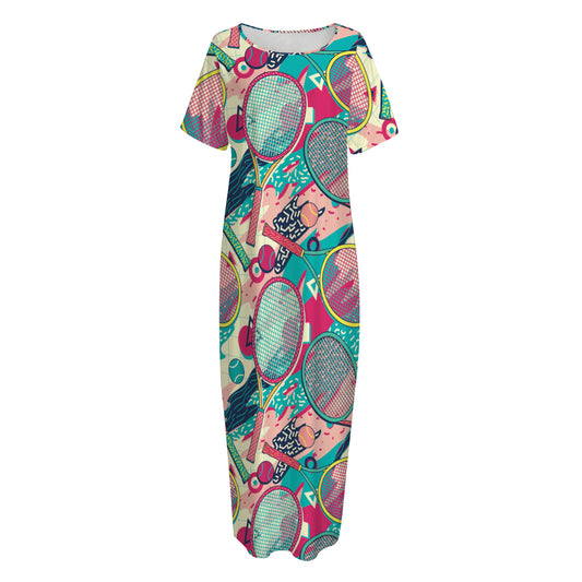 Retro Tennis Pattern Print Short Sleeve Long Nightdress
