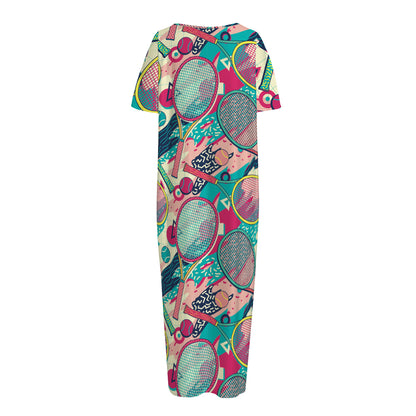 Retro Tennis Pattern Print Short Sleeve Long Nightdress