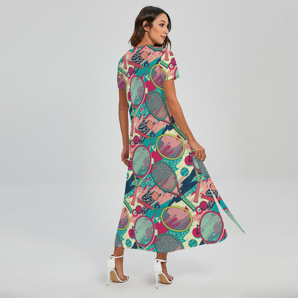 Retro Tennis Pattern Print Short Sleeve Maxi Dress