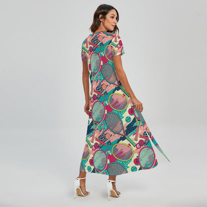Retro Tennis Pattern Print Short Sleeve Maxi Dress