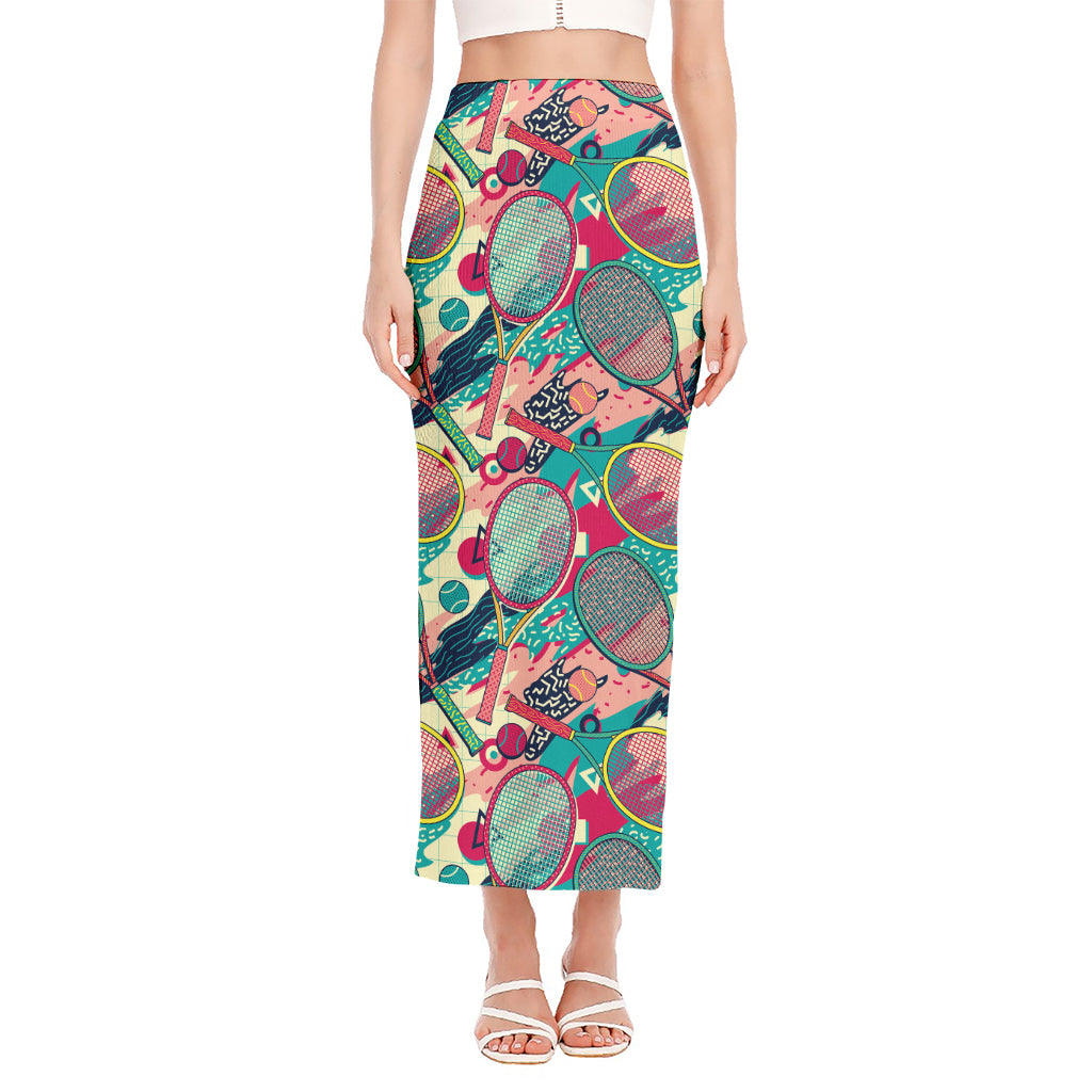 Retro Tennis Pattern Print Side Slit Maxi Skirt