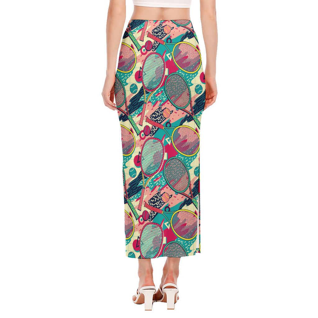 Retro Tennis Pattern Print Side Slit Maxi Skirt
