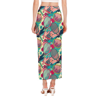 Retro Tennis Pattern Print Side Slit Maxi Skirt