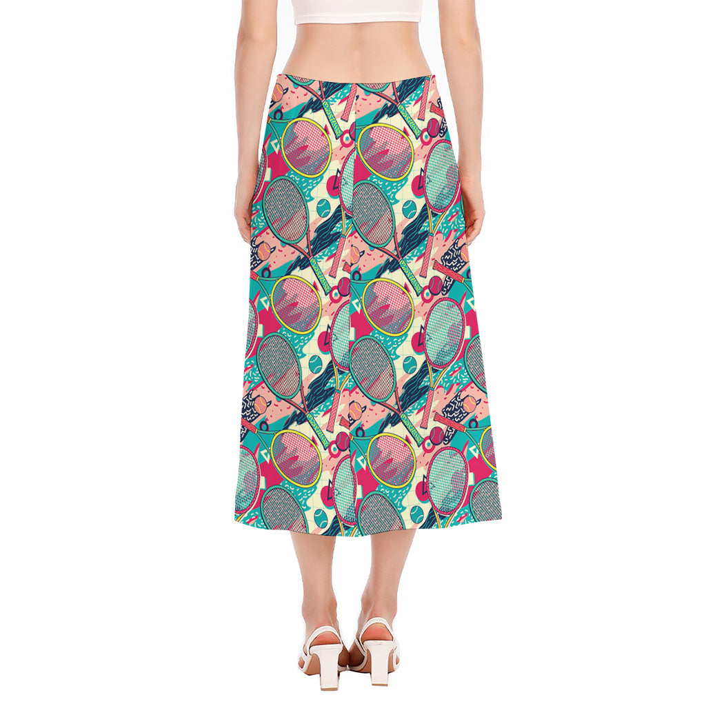 Retro Tennis Pattern Print Side Slit Midi Skirt