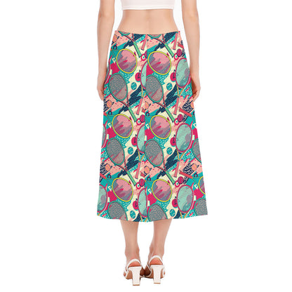 Retro Tennis Pattern Print Side Slit Midi Skirt
