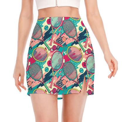 Retro Tennis Pattern Print Side Slit Mini Skirt