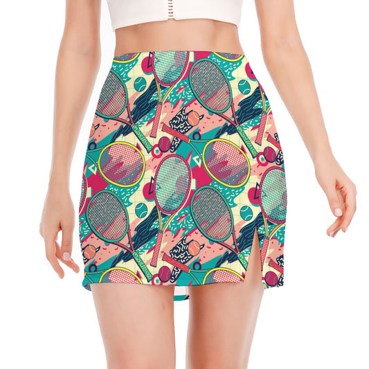 Retro Tennis Pattern Print Side Slit Mini Skirt