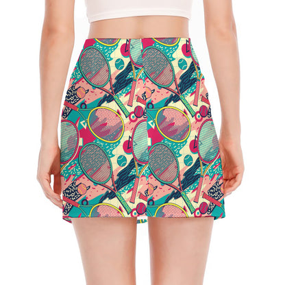 Retro Tennis Pattern Print Side Slit Mini Skirt