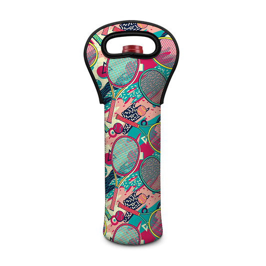 Retro Tennis Pattern Print Single Neoprene Wine Tote
