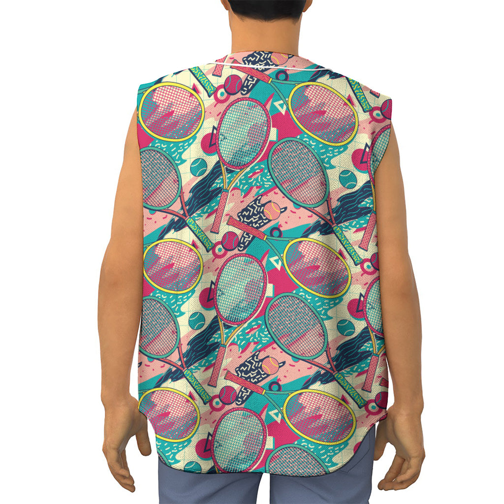 Retro Tennis Pattern Print Sleeveless Baseball Jersey