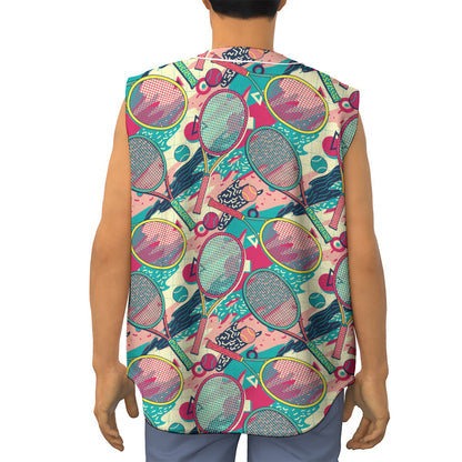 Retro Tennis Pattern Print Sleeveless Baseball Jersey