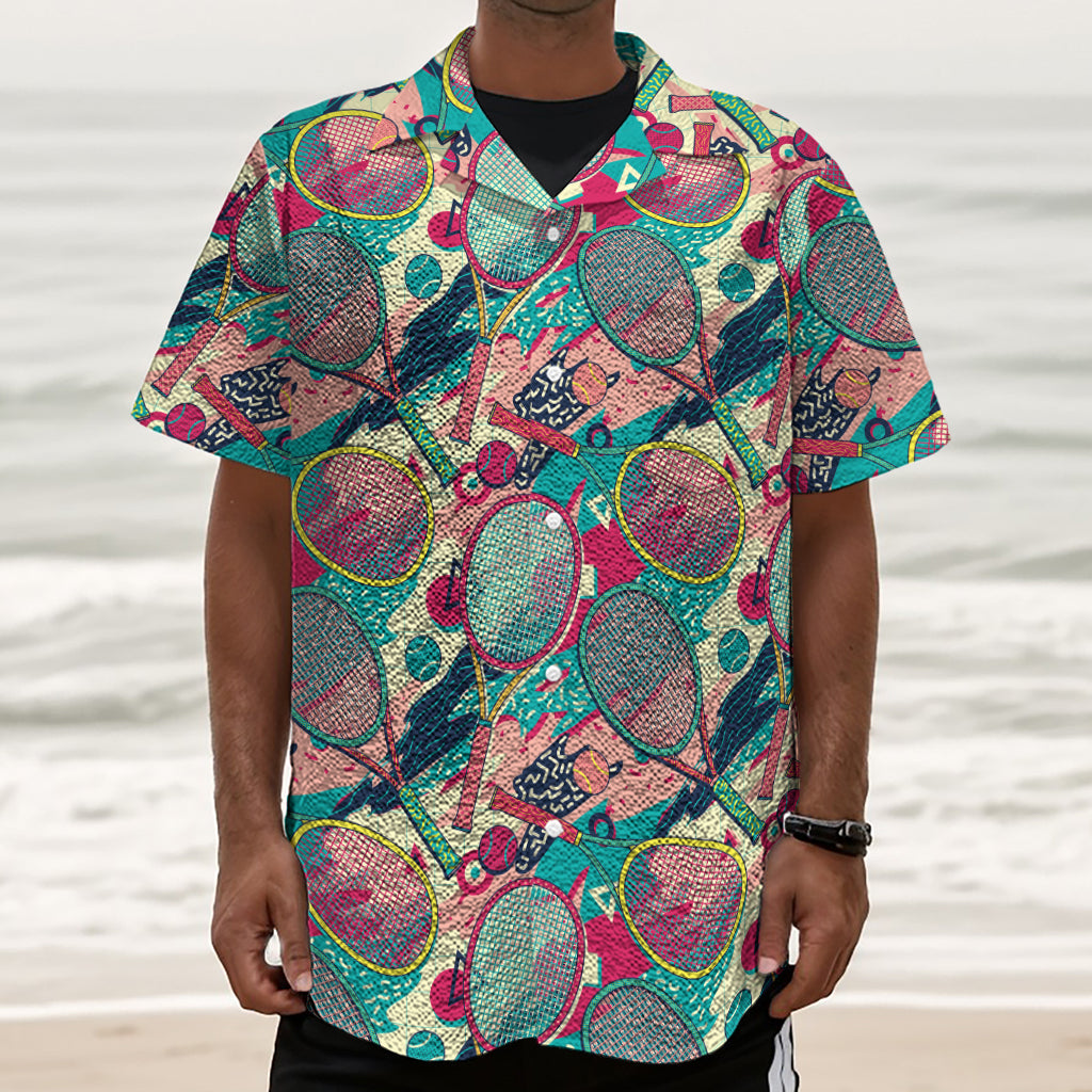 Retro Tennis Pattern Print Textured Short Sleeve Shirt