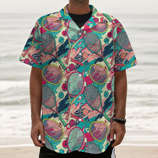 Retro Tennis Pattern Print Textured Short Sleeve Shirt
