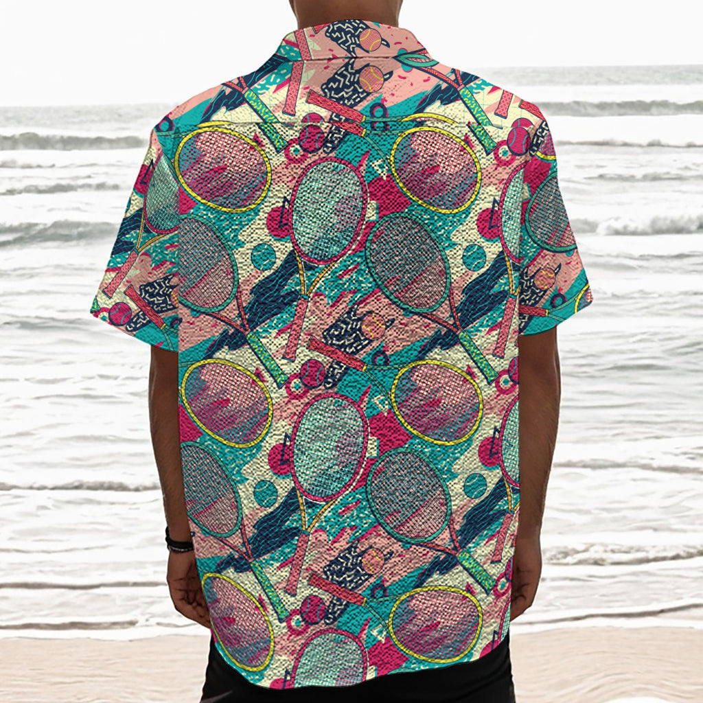 Retro Tennis Pattern Print Textured Short Sleeve Shirt
