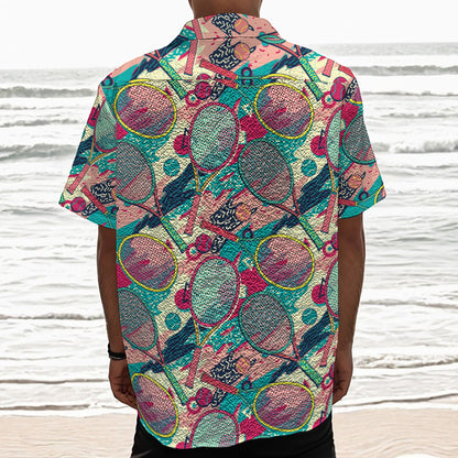 Retro Tennis Pattern Print Textured Short Sleeve Shirt