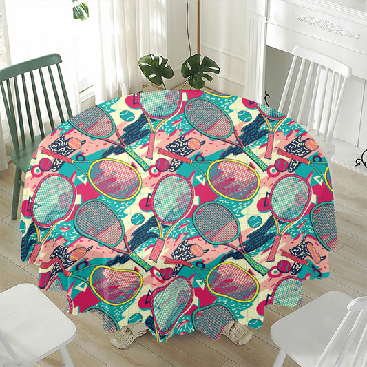 Retro Tennis Pattern Print Waterproof Round Tablecloth