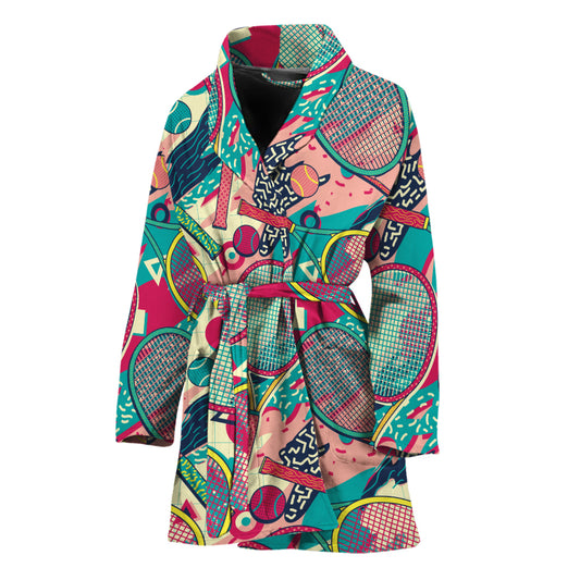 Retro Tennis Pattern Print Women's Bathrobe
