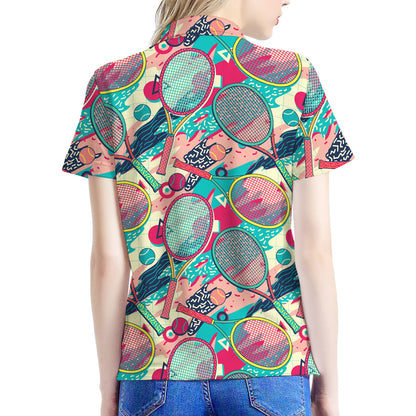 Retro Tennis Pattern Print Women's Polo Shirt