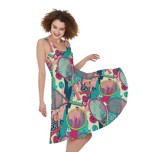 Retro Tennis Pattern Print Women's Sleeveless Dress