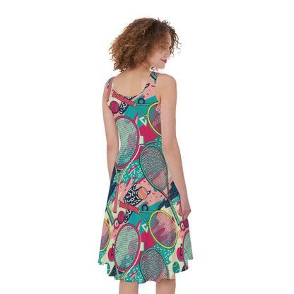 Retro Tennis Pattern Print Women's Sleeveless Dress