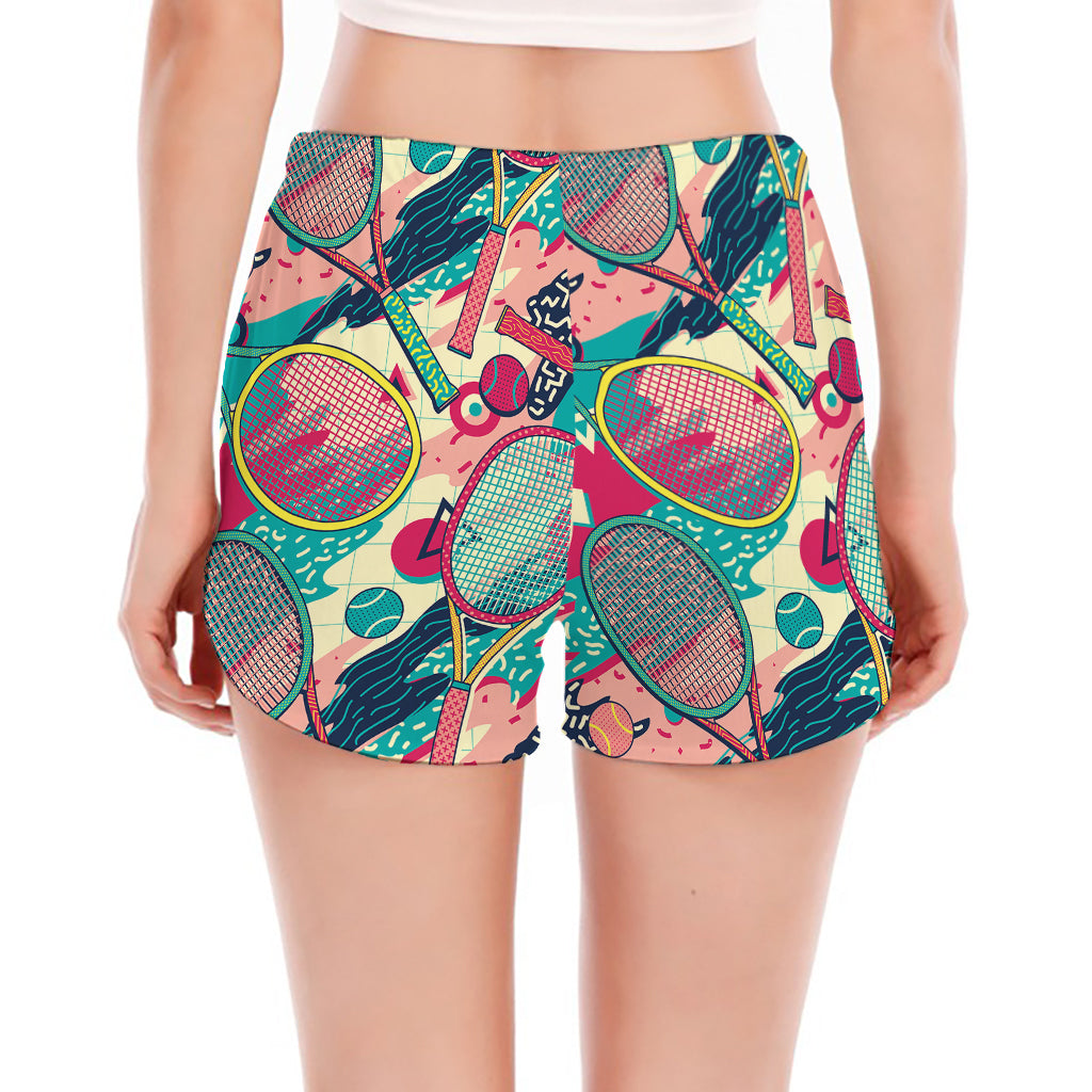 Retro Tennis Pattern Print Women's Split Running Shorts