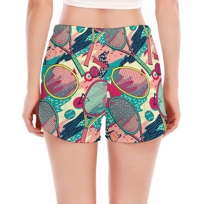 Retro Tennis Pattern Print Women's Split Running Shorts