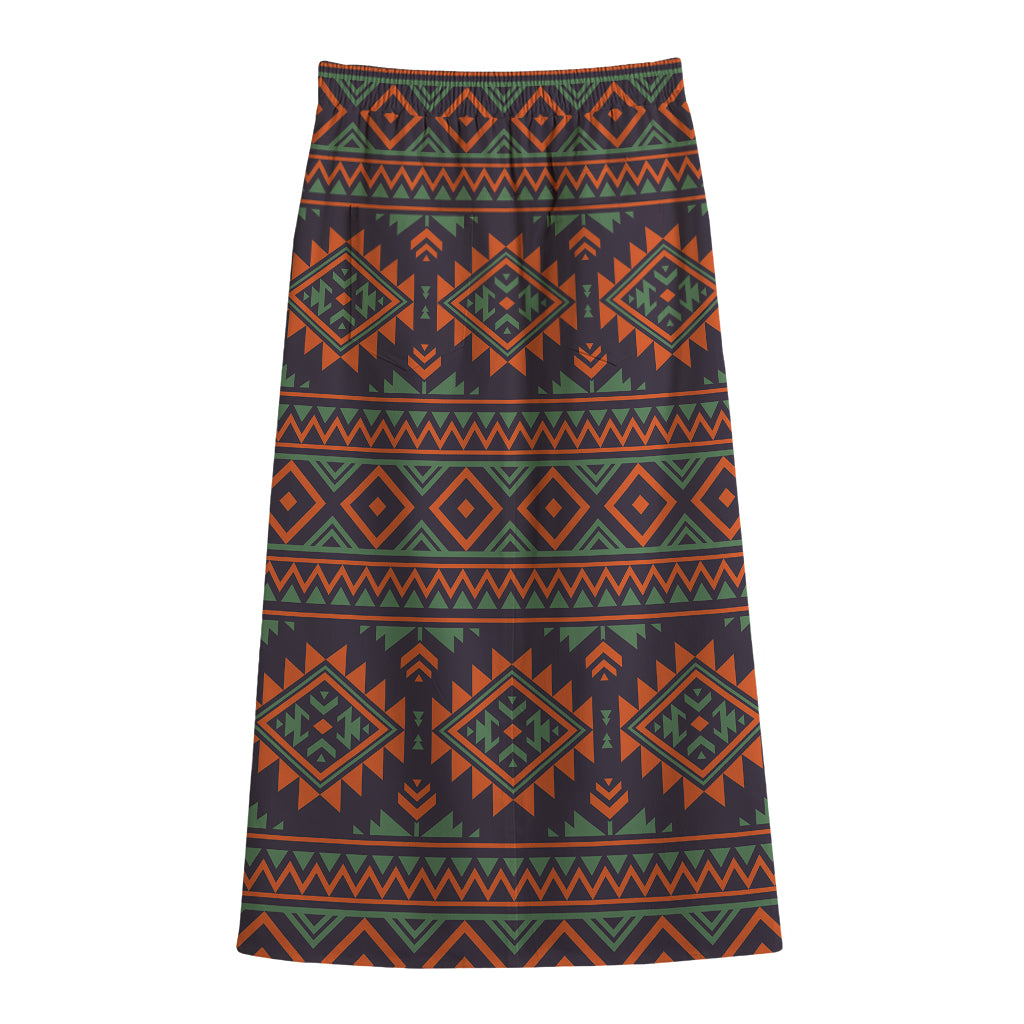 Retro Tribal Navajo Pattern Print Cotton Front Slit Maxi Skirt