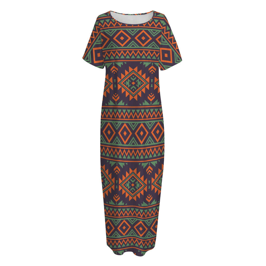 Retro Tribal Navajo Pattern Print Short Sleeve Long Nightdress