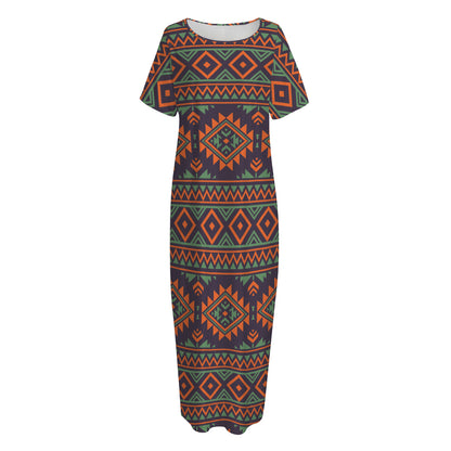 Retro Tribal Navajo Pattern Print Short Sleeve Long Nightdress