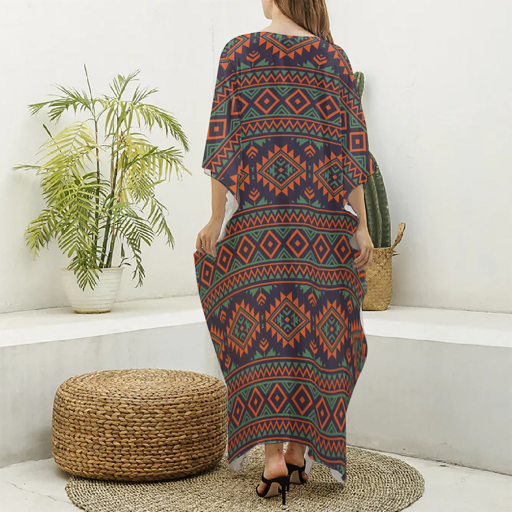 Retro Tribal Navajo Pattern Print Silk V-Neck Kaftan Dress