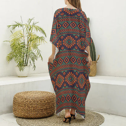 Retro Tribal Navajo Pattern Print Silk V-Neck Kaftan Dress