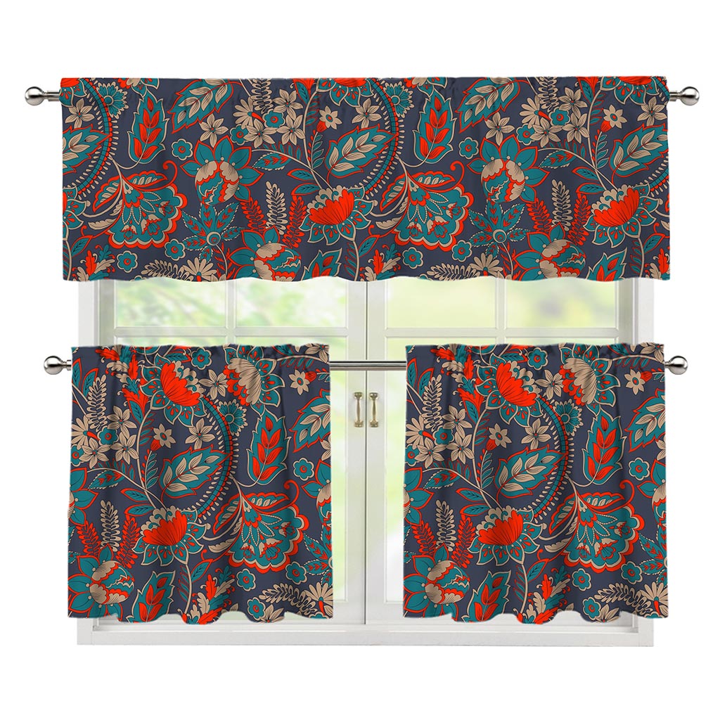 Retro Vintage Bohemian Floral Print 3 Piece Kitchen Curtains