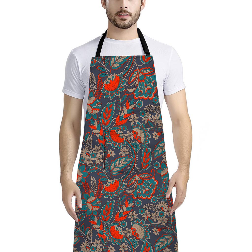 Retro Vintage Bohemian Floral Print Bib Apron With Pocket
