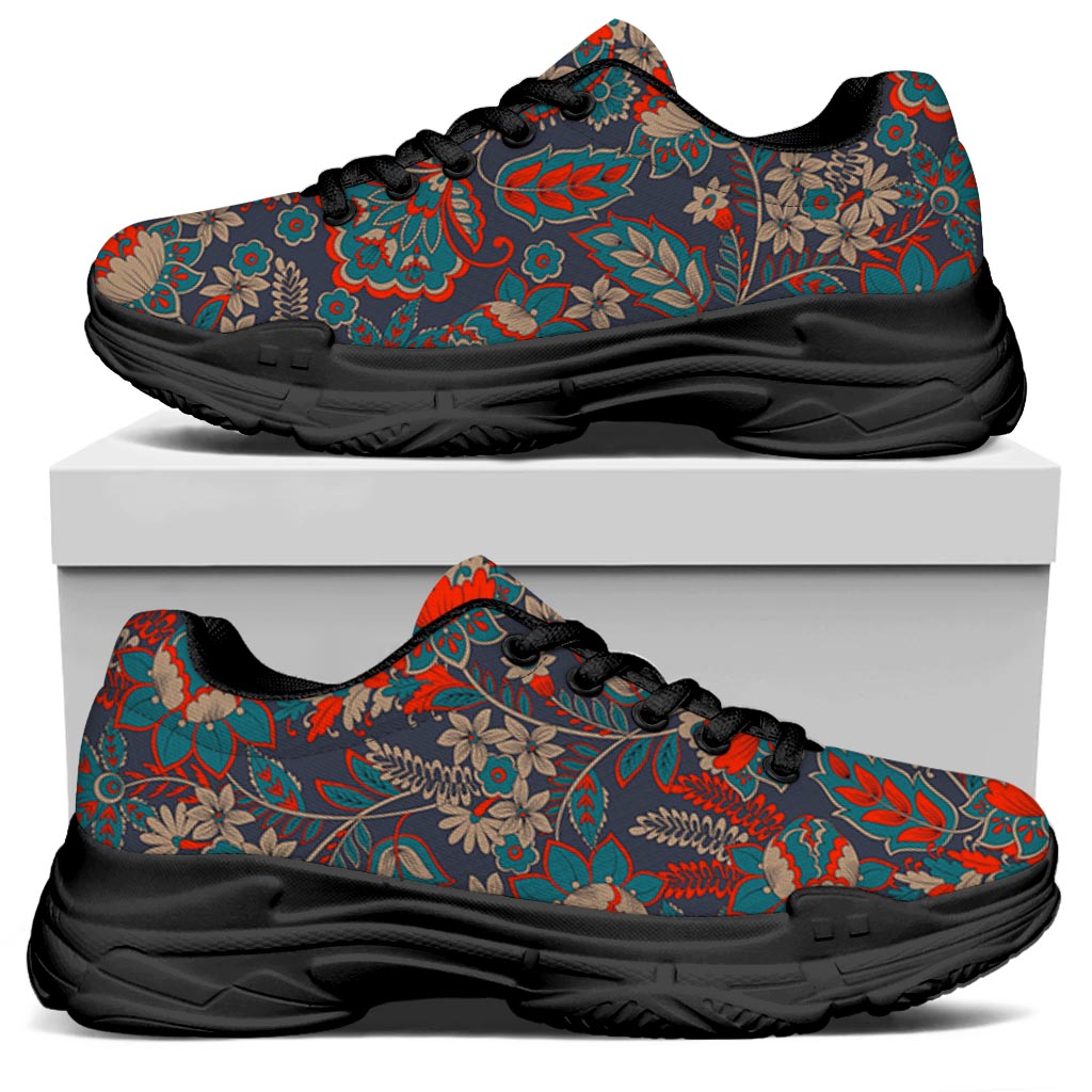 Retro Vintage Bohemian Floral Print Black Chunky Shoes