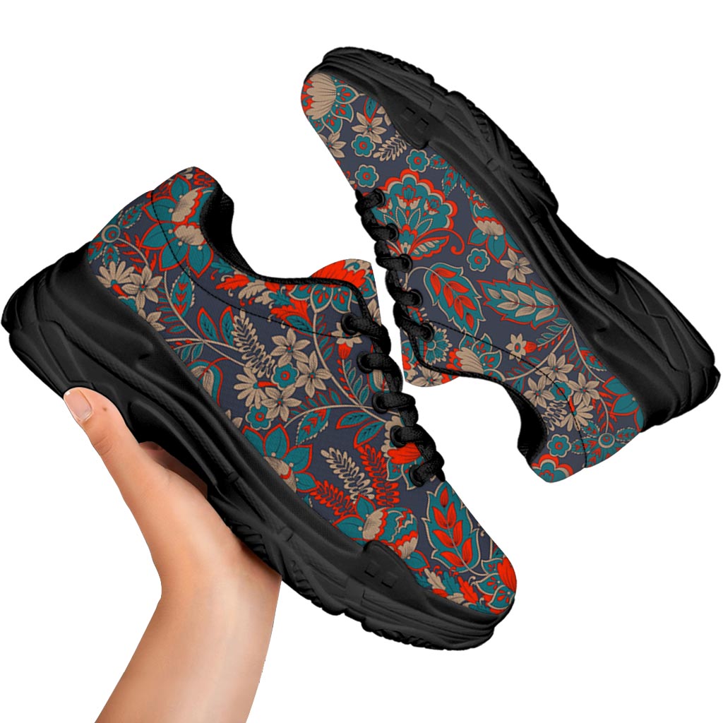 Retro Vintage Bohemian Floral Print Black Chunky Shoes