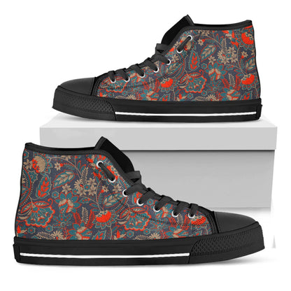 Retro Vintage Bohemian Floral Print Black High Top Sneakers