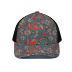 Retro Vintage Bohemian Floral Print Black Mesh Trucker Cap