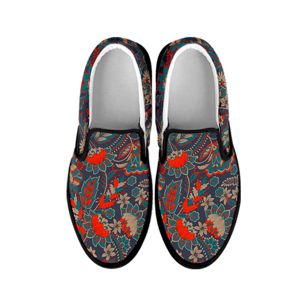 Retro Vintage Bohemian Floral Print Black Slip On Sneakers