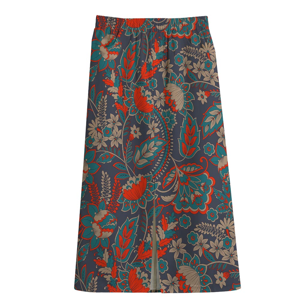 Retro Vintage Bohemian Floral Print Cotton Front Slit Maxi Skirt