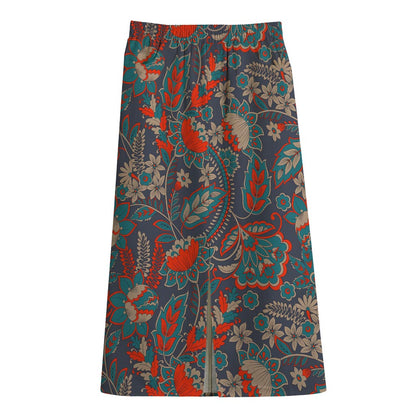 Retro Vintage Bohemian Floral Print Cotton Front Slit Maxi Skirt