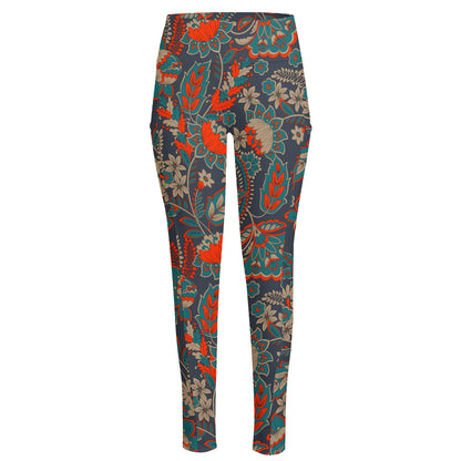 Retro Vintage Bohemian Floral Print High-Waisted Pocket Leggings