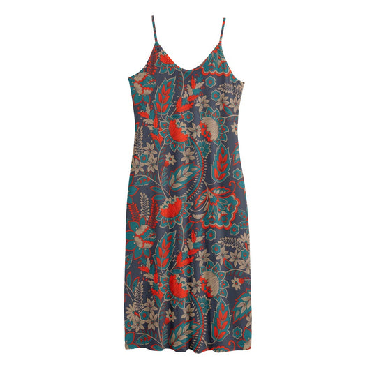 Retro Vintage Bohemian Floral Print Jersey Midi Cami Dress