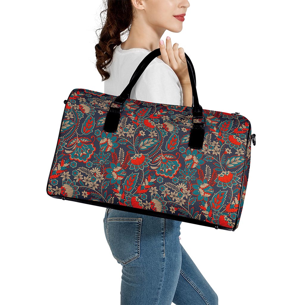 Retro Vintage Bohemian Floral Print Leather Duffle Bag